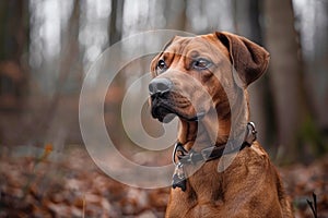 Close up of a melancholic Rhodesian Ridgeback dog in autumn forest with blurred background