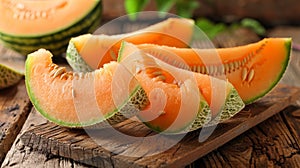 A close up of melon slices on a wooden cutting board, AI