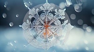 A close-up of a melting snowflake on a windowpane