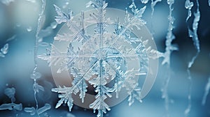 A close-up of a melting snowflake on a windowpane