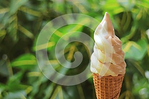 Close-up of Melting Vanilla and Chocolate Flavors Soft Serve Ice Cream Cone