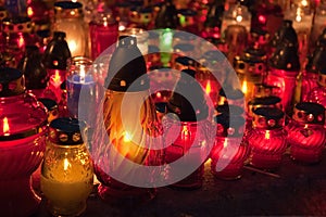 Close-up of memorial candles on the All Saints Day