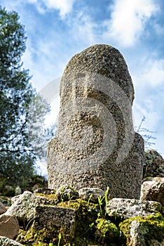 Close-up of a menhir with a human face carved on the megalithic site of Filitosai, Corsica, France