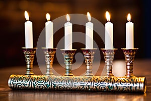 a close-up of a menorah with yarmulkes and a torah scroll visible