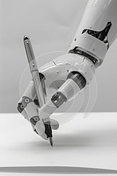 Robot hand holds pen ready to write on white paper. Close-up of metal arm with black and silver accents poised to create art. AI photo