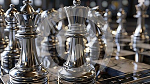 Close-up of metal chess pieces on a chessboard. Macro shot with focus on queen and king