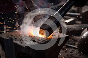 close-up of metal forging, with sparks flying and hammers pounding