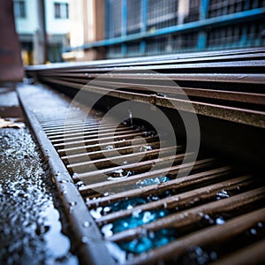 a close up of a metal grate with blue water on it