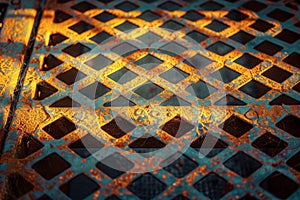 Close Up of Metal Grate With Yellow Light. Generative AI