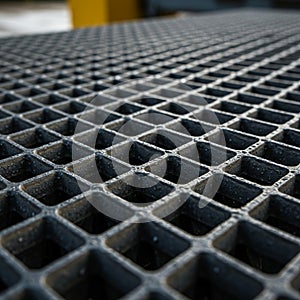 Close-up of a metal grating with a grid pattern. The structure consists of square
