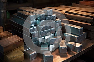 close-up of metal ingots stacked in storage