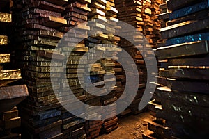 close-up of metal ingots stacked in storage