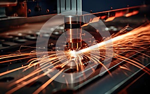 Close-up of a metal laser cutter showcasing the beam cutting through a metallic sheet and generating sparks. Generative AI