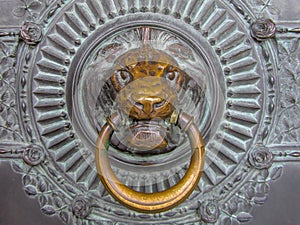 Close Up Metal Lion`s Head Doorknocker