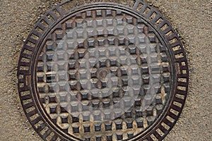 Close-up metal manhole cover, texture background, top view