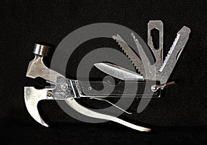 Close-up of metal, silver-gray multi-tool knife