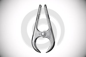 Close-up of a metal spring clamp on a white background