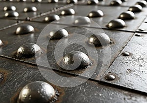 A close-up of a metal surface with large, rounded rivets arranged in