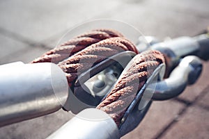 Close up of metal tackle with rope