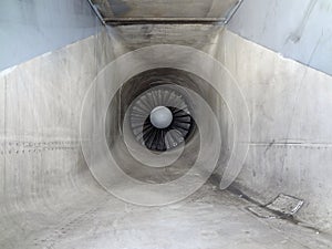 Close up Metal Tube with turbine and fan blades