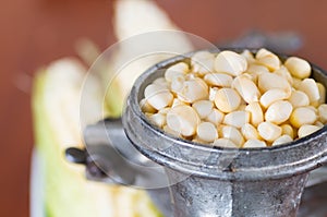 A close up from a metalic mill with some corn kernels