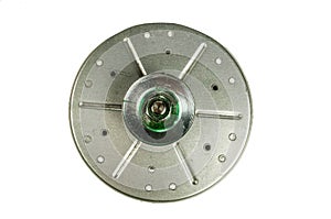 Close up of a metallic electric system on white background, in a white background