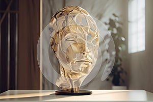 Close up of metallic face sculpture in modern interiors, created using generative ai technology