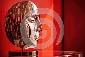 Close up of metallic face sculpture on red background, created using generative ai technology