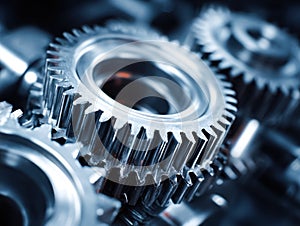 Close-up of metallic gear wheels showcasing precision engineering and mechanical components