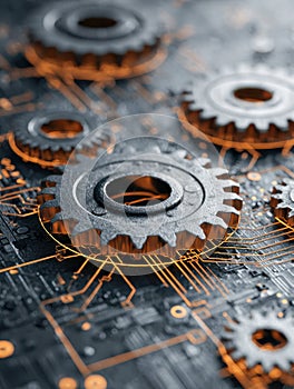 Close-up of metallic gears on a circuit board with illuminated electronic pathways