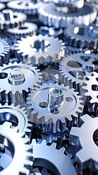 Close-up of metallic gears interlocking in a complex mechanical system, representing industry.