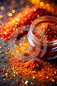 Closeup dust of metallic pigment sparkling with orange and red color photo