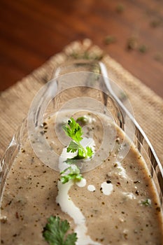 Close-up of Methi, matar malai with white curry. A popular, delicious Indian recipe in  glass bowl bowl.