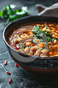 Close-up Mexican pozole, a delicious and hearty soup made with hominy, meat, and spices
