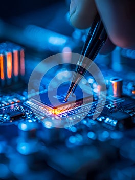Close-up of a microchip being soldered on a circuit board with a precision pen in a high-tech environment