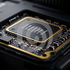 Close-up of a microchip on a circuit board. The central processing unit (CPU) is