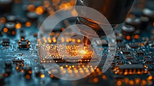 Close-up of a Microchip on a Circuit Board Generative AI