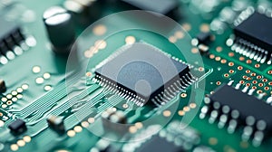 Close up of microchip on circuit board technology