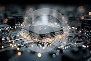 Close-up of a microchip on a glowing circuit board