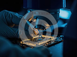 Close-Up of Microchip Inspection in Lab Setting