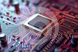 Close-up of microchip on motherboard circuit board. Electronic component in digital technology computer hardware. Advanced