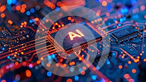 Close-up microchip on pc board, AI generated