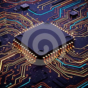 Close-up of a microchip on a printed circuit board (PCB) featuring intricate copper
