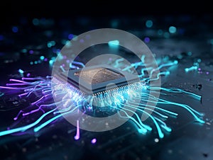 Close-up of glowing microchip processor on circuit board with neon light