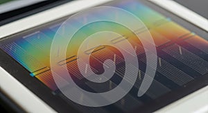 Close-up of a Microchip Wafer with Rainbow Interference Pattern