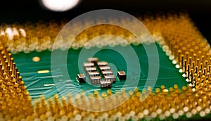 Close up of microchips and pins on Main CPU PC processor circuit board