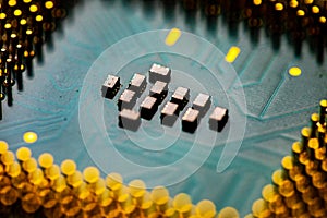 Close up of microchips and pins on Main CPU PC processor circuit board