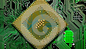 Close up of microchips and pins on Main CPU PC processor circuit