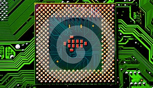 Close up of microchips and pins on Main CPU PC processor circuit
