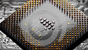 Close up of microchips and pins on Main CPU PC processor circuit